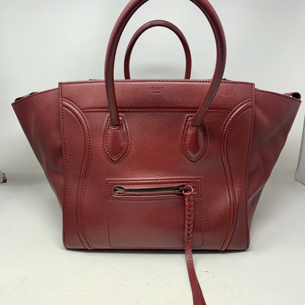 authentic CELINE Burgundy Luggage Tote Bag Coral Supple Calfskin Medium Phantom